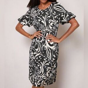 Talbots Bubble Sleeve Satin Shift Dress - Twirling Floral, Black and White Sz 10